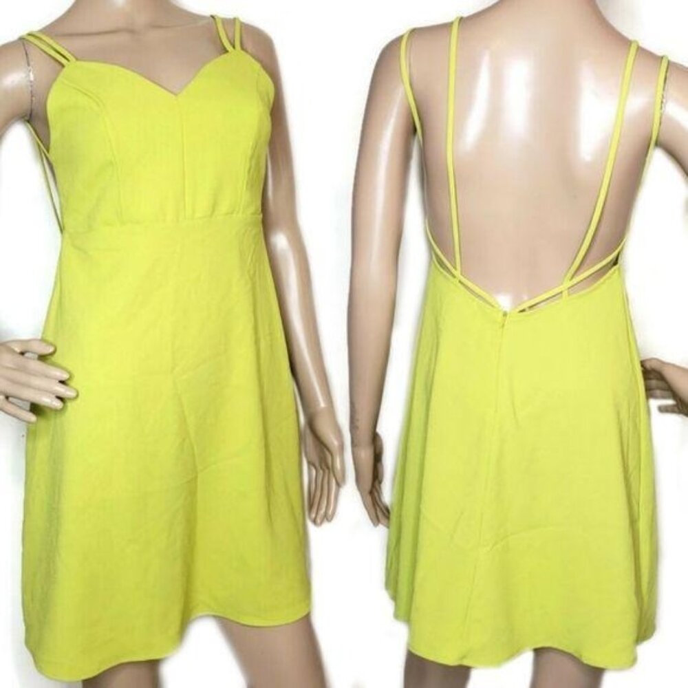 Solemio Yellow green neon Strappy Back plunge back Mini Dress size small